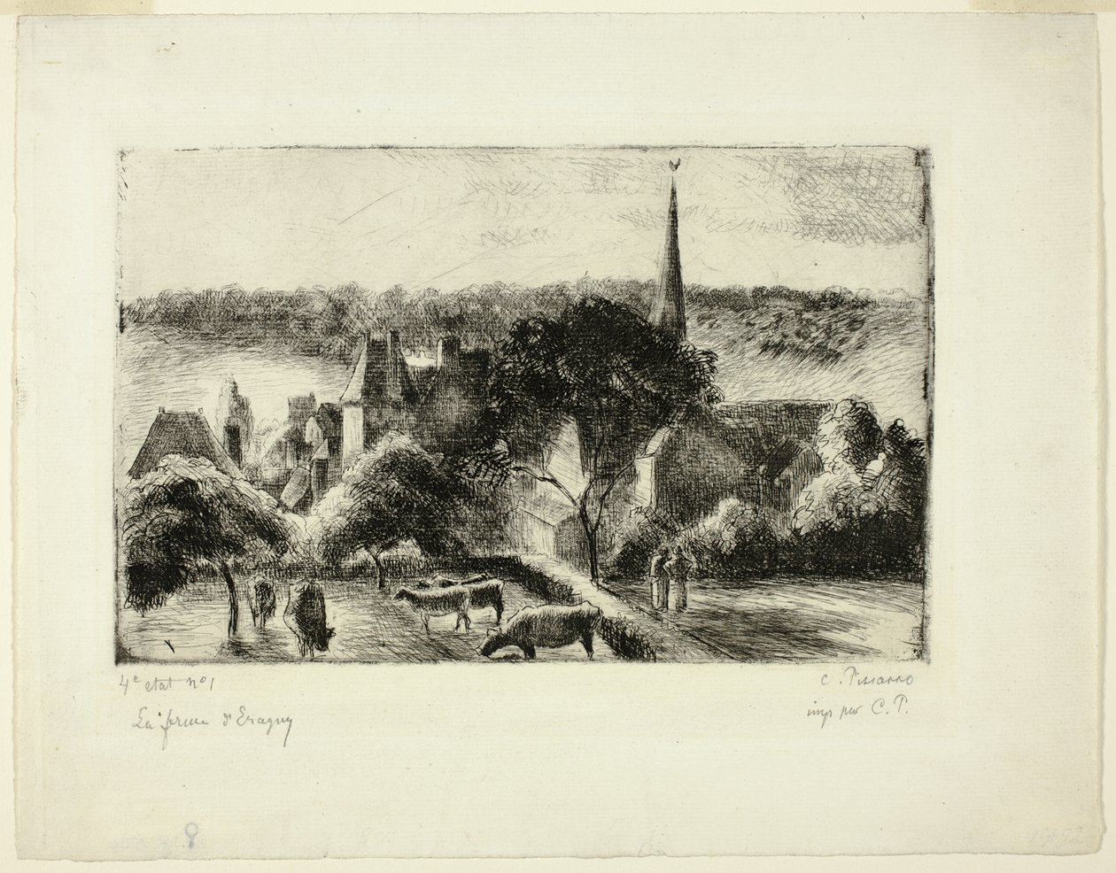 Kostel a farma v Éragny od Camille Pissarro