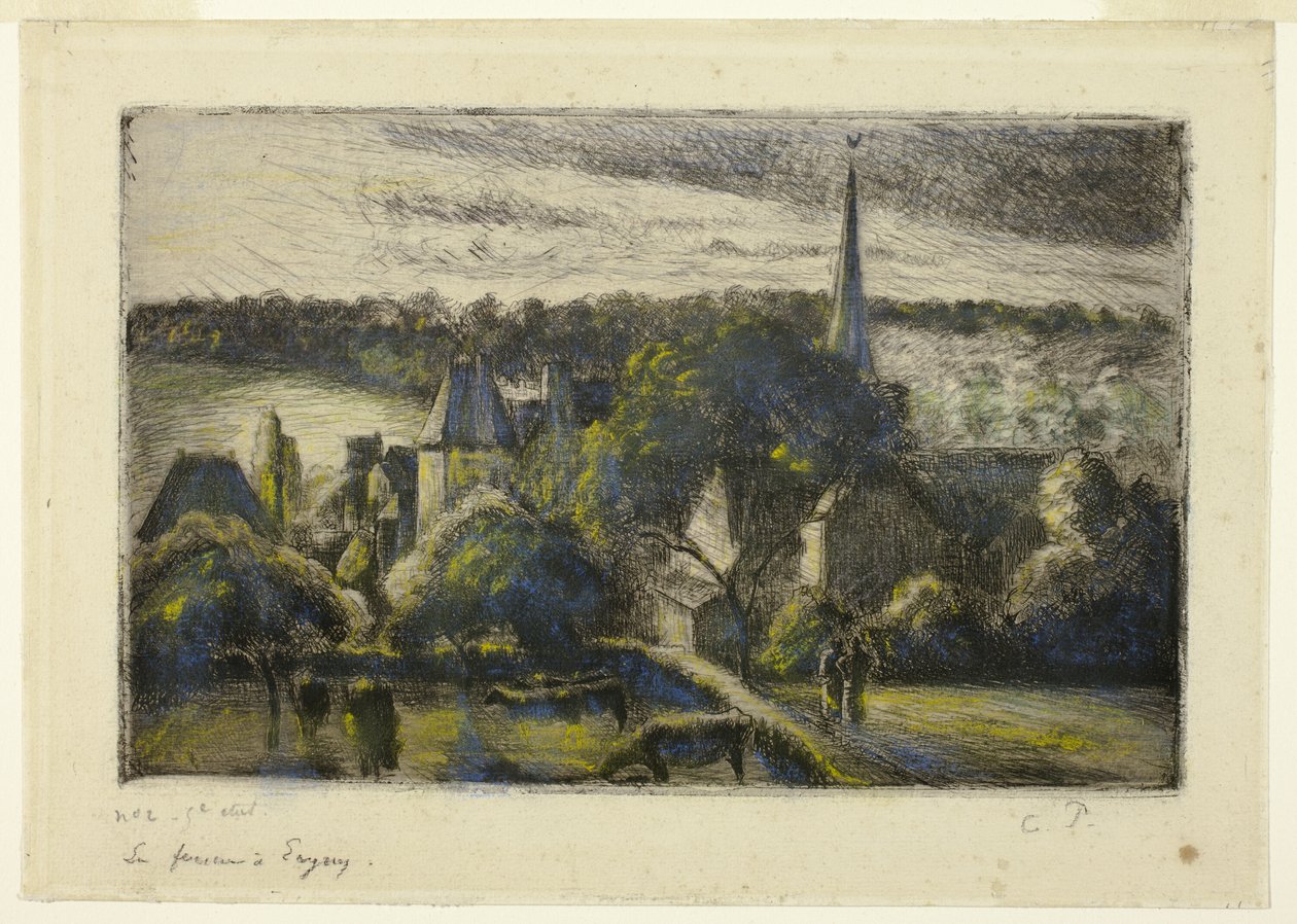 Kostel a farma v Éragny od Camille Pissarro