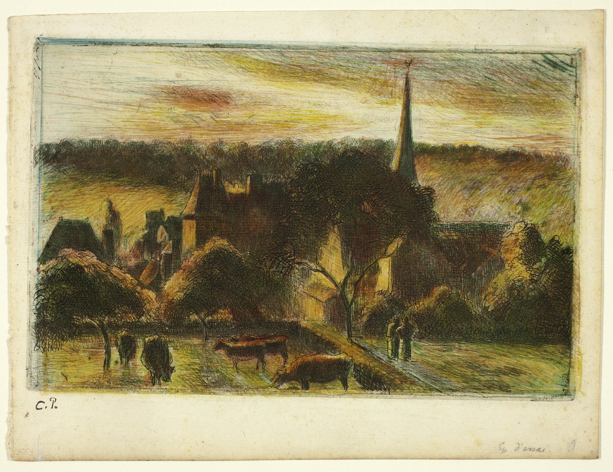 Kostel a farma v Éragny od Camille Pissarro