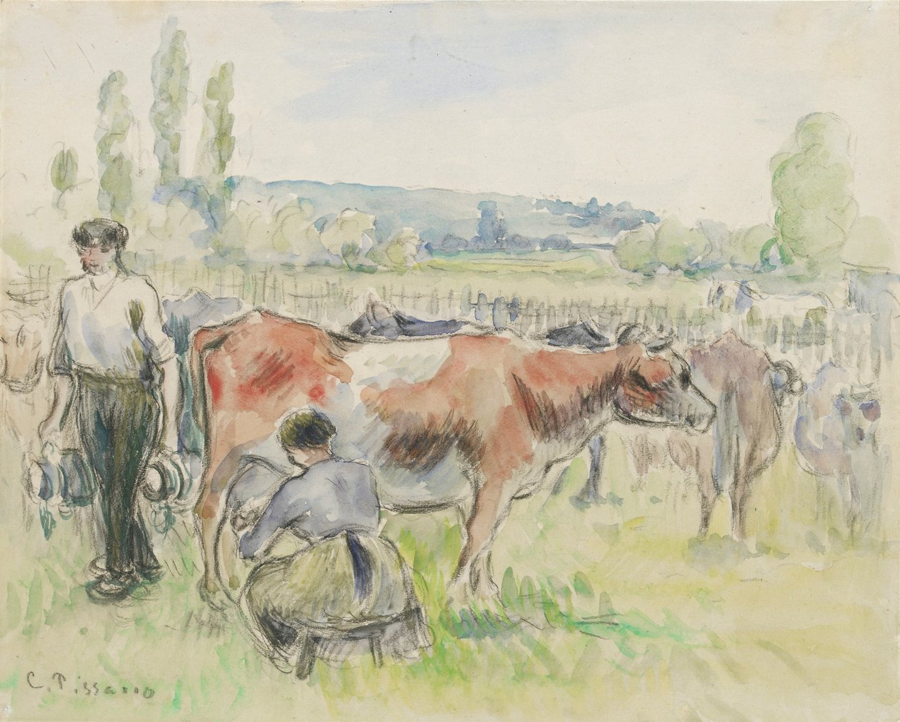 Kompoziční studie scény dojení v Eragny-sur-Epte, 1884 od Camille Pissarro