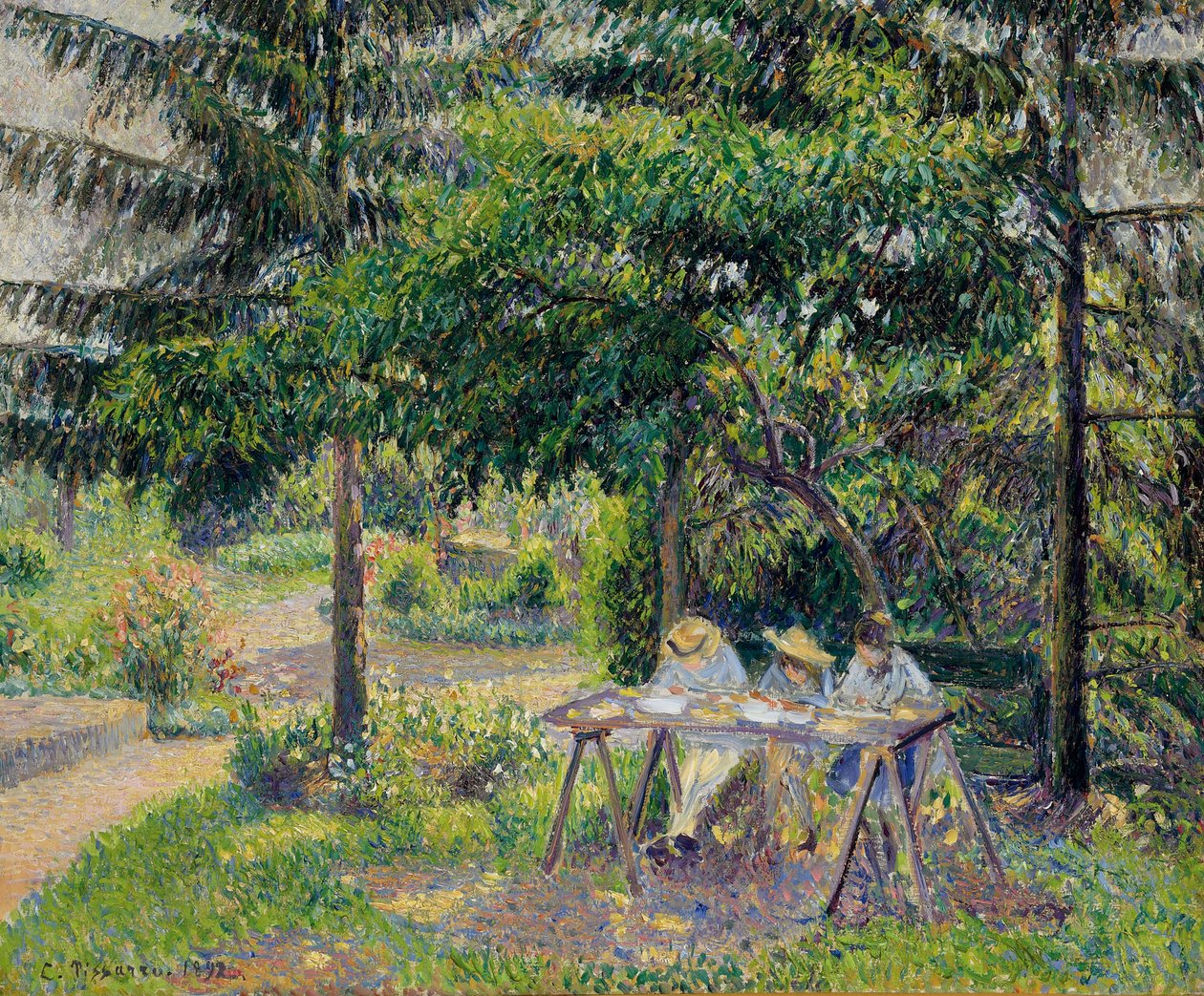 Děti u stolů v zahradě v Eragny - Obraz Camille Pissaro (1830-1903), olej na plátně (58x71 cm) od Camille Pissarro