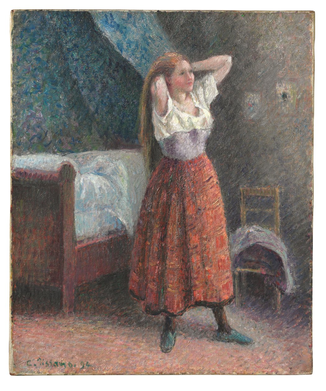 Žena si upravuje vlasy od Camille Pissarro