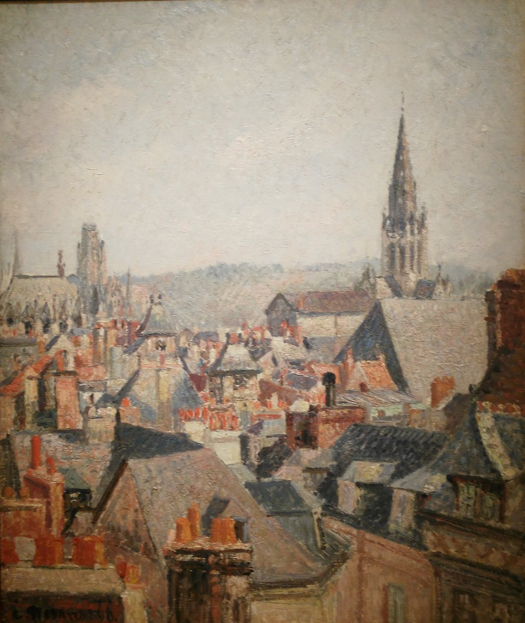 Francouzsky: Les toits du vieux Rouen, soleil
Německy: Střechy starého města Rouen na slunci od Camille Pissarro