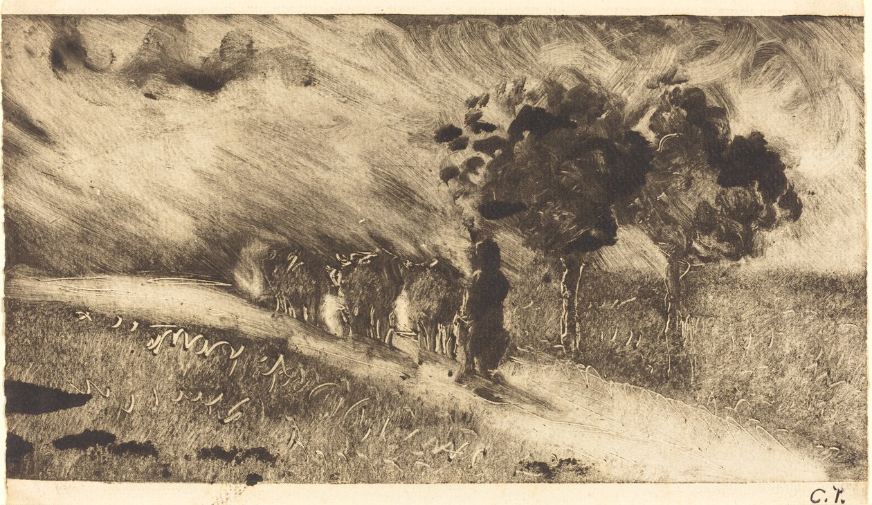 Pasení krav za soumraku od Camille Pissarro