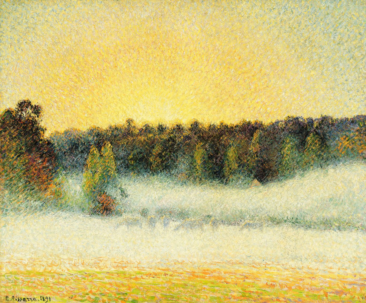 Mlhavý západ slunce v Eragny od Camille Jacob Pissarro