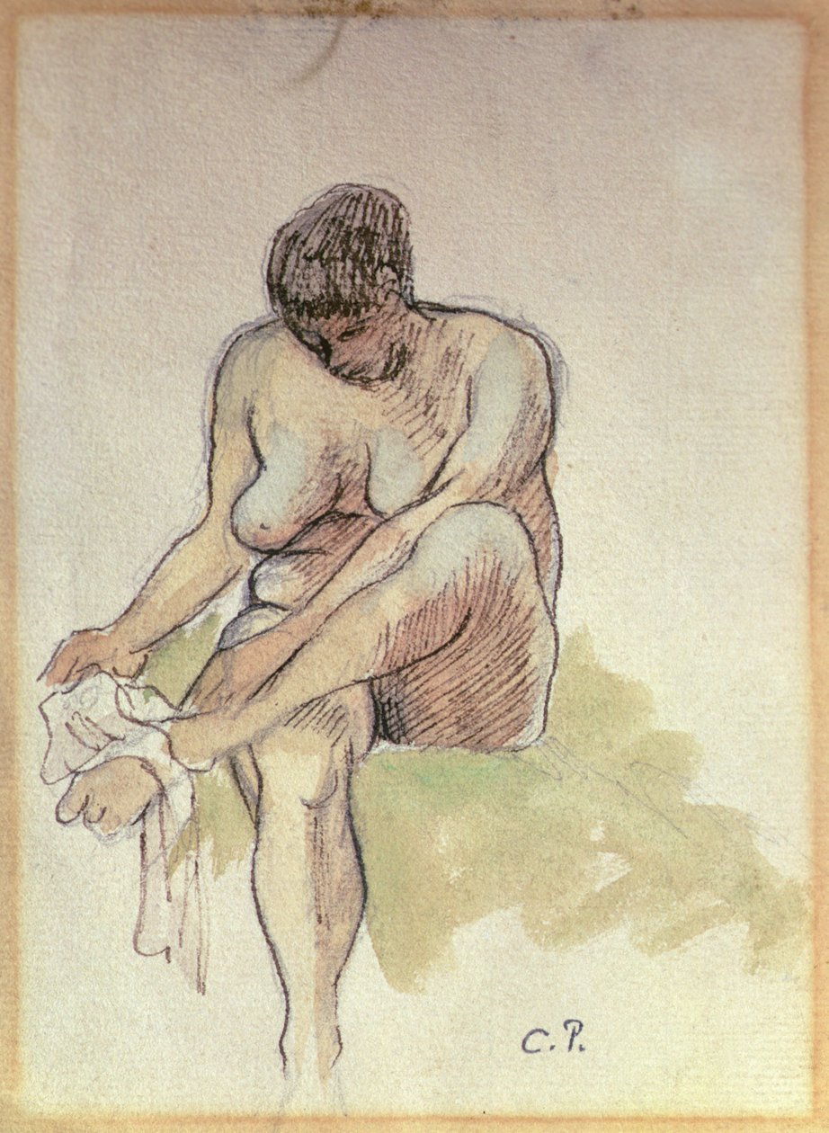 Nahá žena otírá levou nohu (tužka, mytí a pero a sépiový inkoust na papíře) od Camille Pissarro