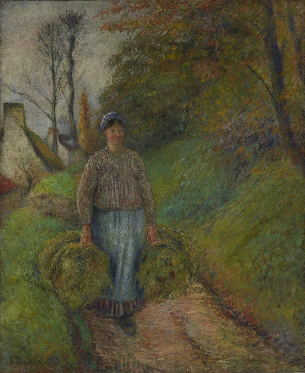 Rolnice nesoucí dva balíky sena od Camille Pissarro