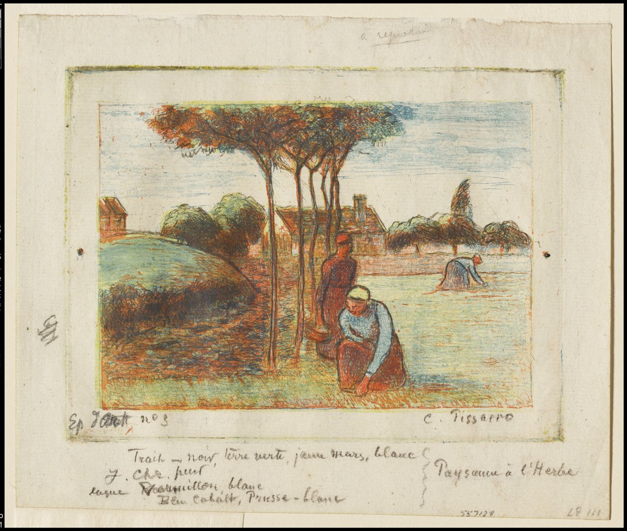 Selské ženy Weeding the Grass, kolem roku 1894 (lept tištěný modrou, červenou, žlutou a černou barvou na krémově položený papír) od Camille Jacob Pissarro