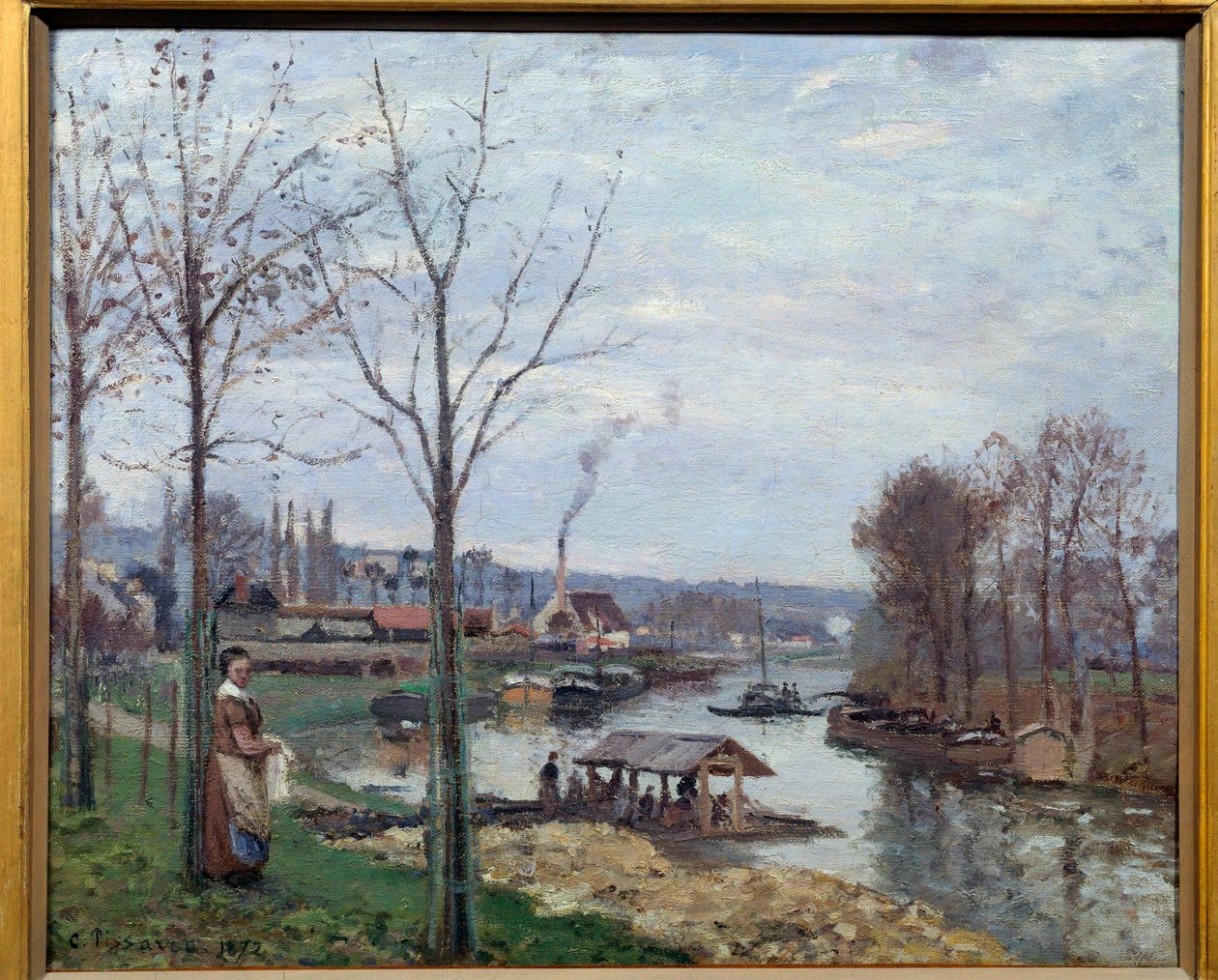 Port Marly (Port-Marly), myčka Pohled na myčku na Seině. Obraz Camille Pissarro (1830-1903) 1872 Ne. 0,46x0,56 m Paříž, musee d