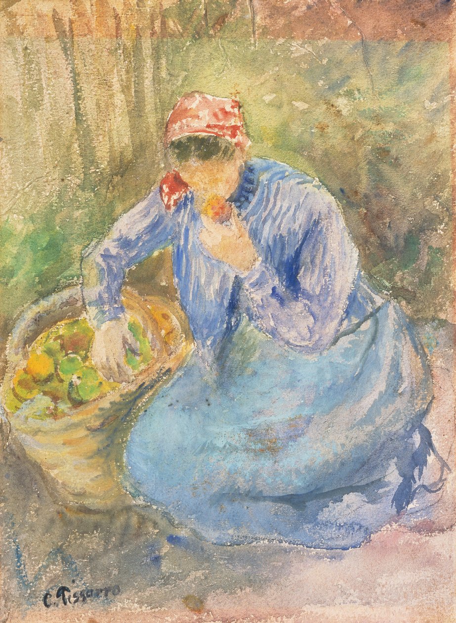 Sedící selka s košíkem jablek (akvarel) od Camille Pissarro