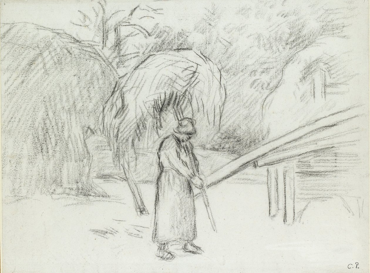 Studie rolnice nesoucí náklad sena na hospodářském dvoře ve Foucault, c1875 od Camille Pissarro