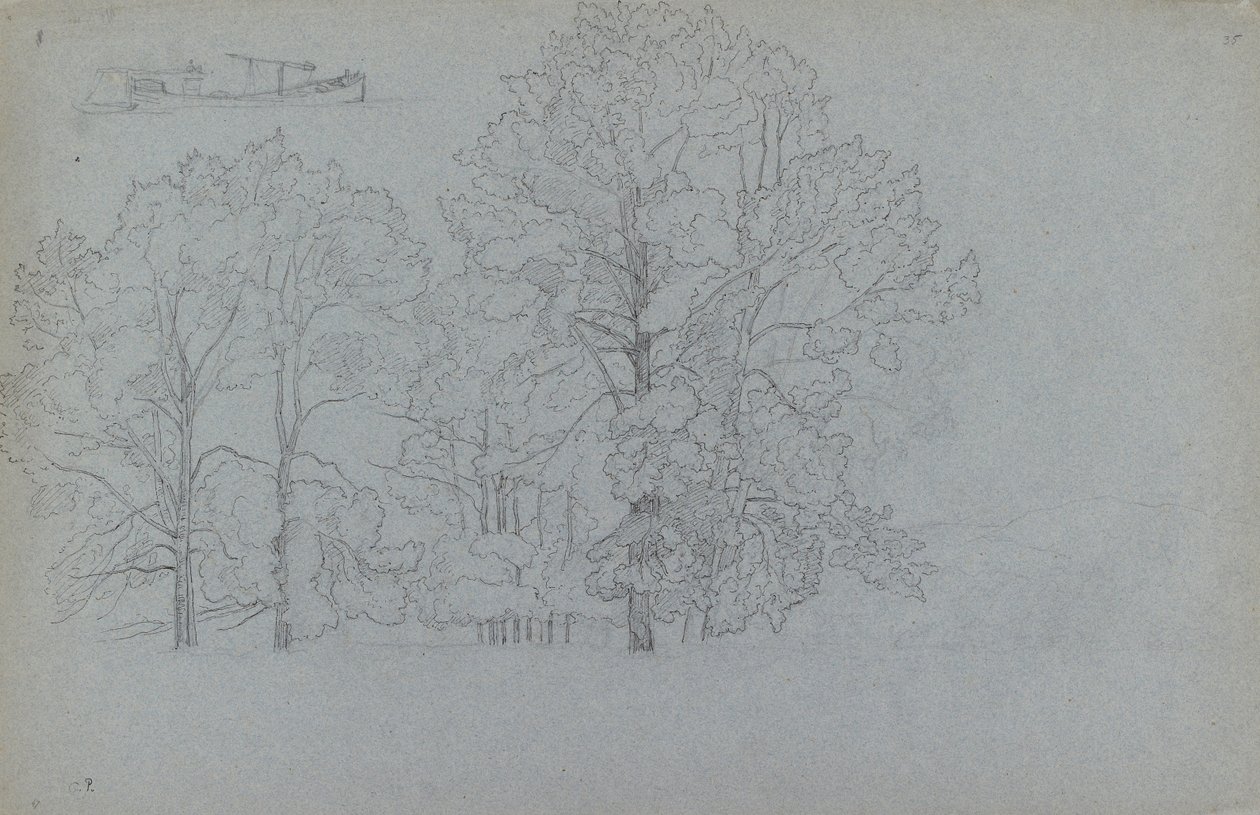 Studie stromů, s mírnou studií člunu, 1859 od Camille Pissarro