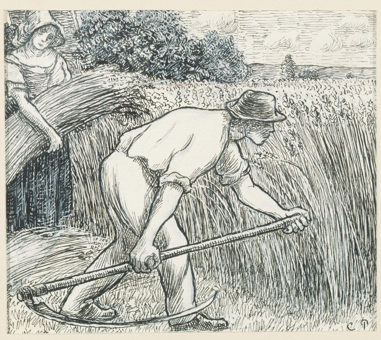 The Harvest, cca 1895 (pero a inkoust s olovnatým bílým kvašem na papíře) od Camille Jacob Pissarro