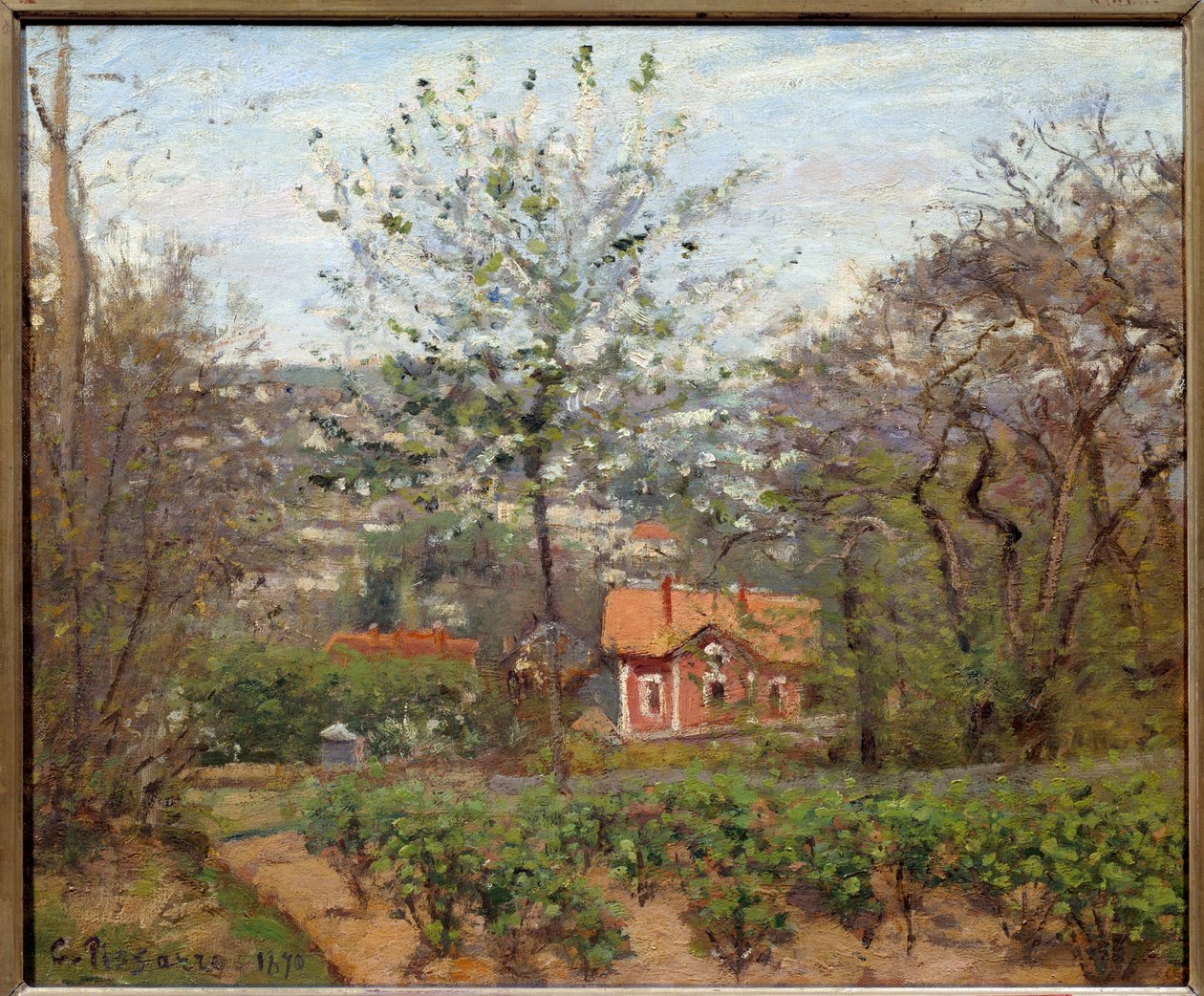Chalupa, růžový dům; létající vesnička srdce. Obraz Camille Pissarro (1830-1903) od Camille Jacob Pissarro