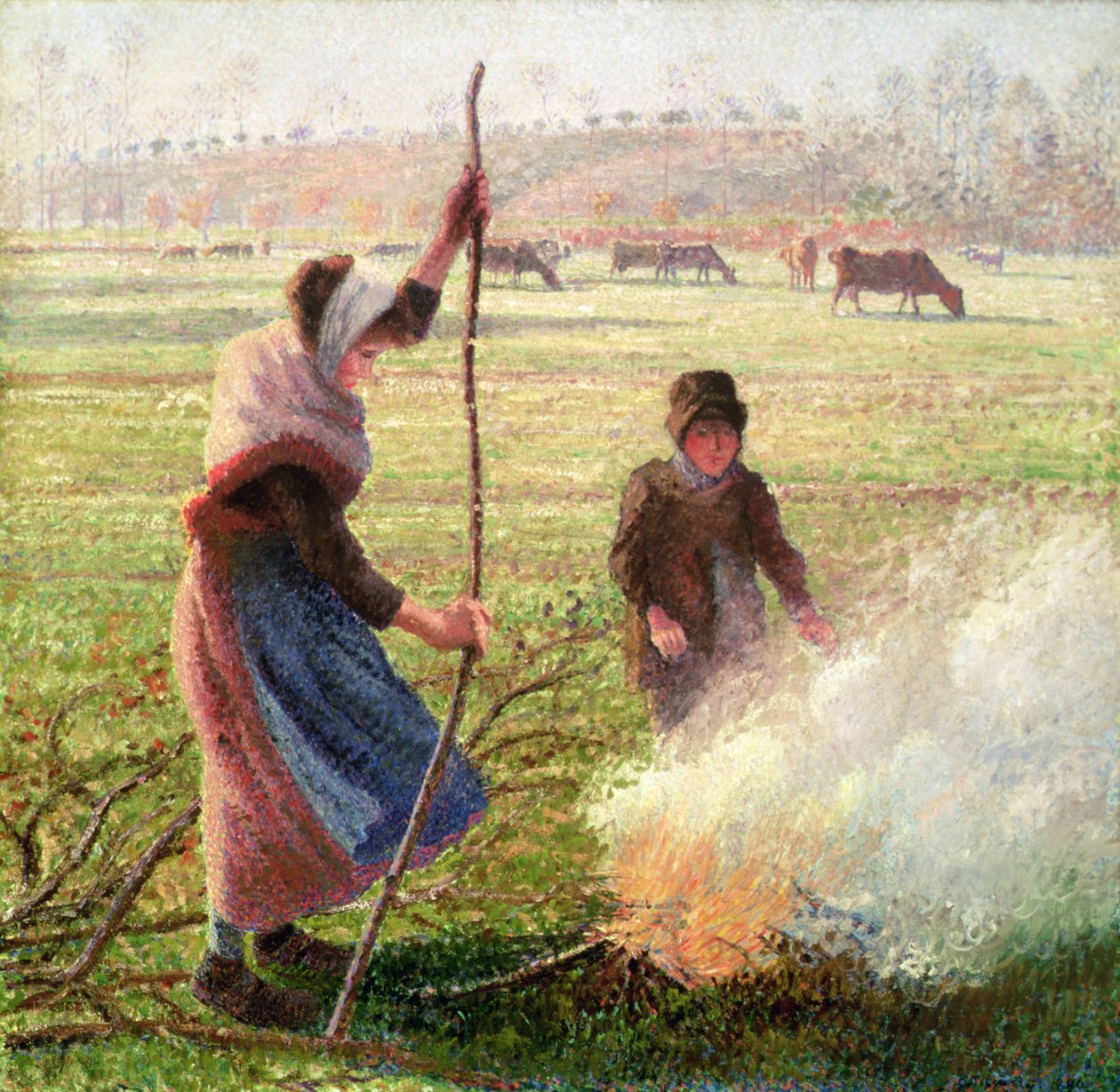 White Frost, žena lámající dřevo od Camille Jacob Pissarro