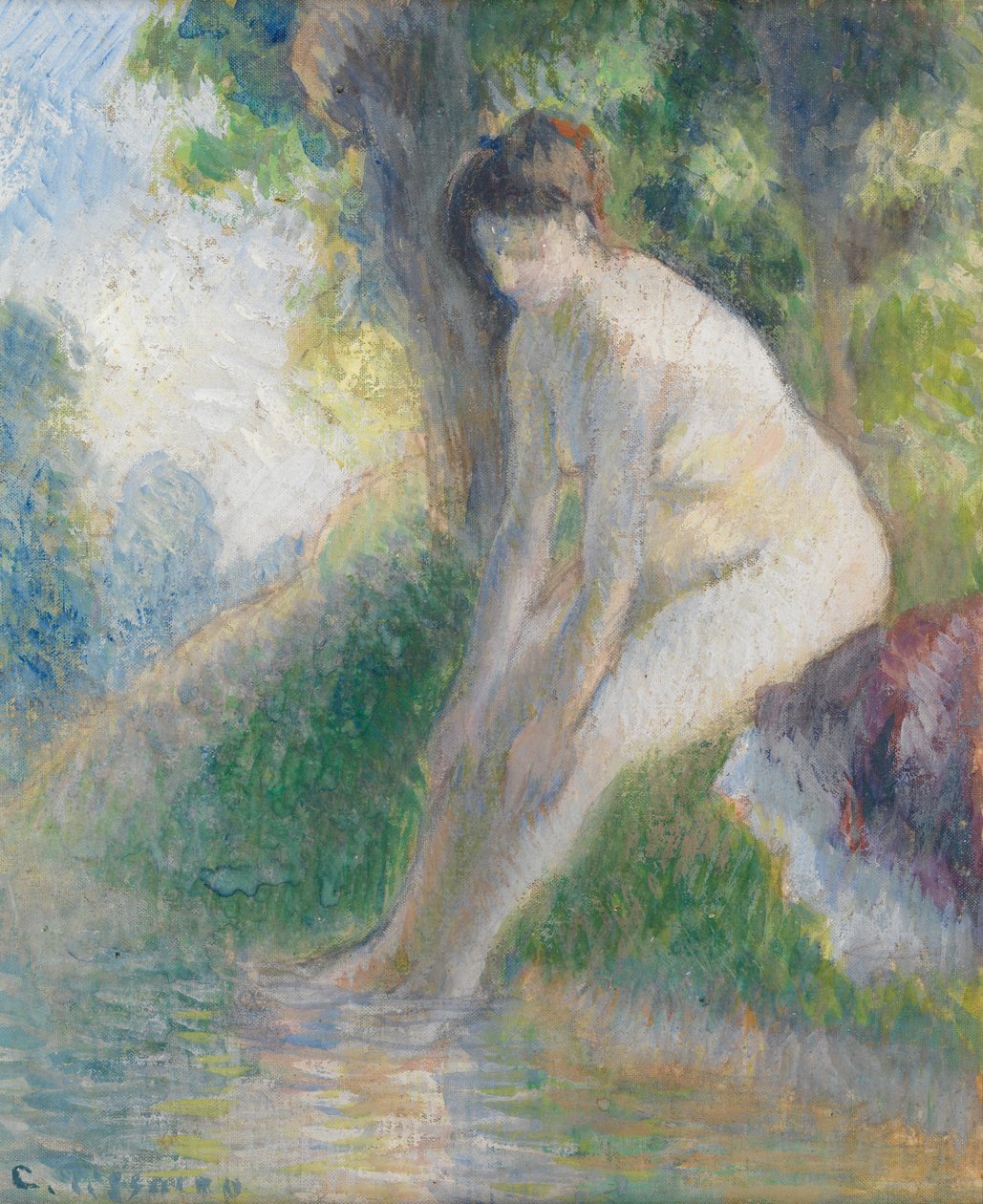 Žena sedící na břehu potoka, kolem roku 1895 (kvaš na palubě) od Camille Pissarro