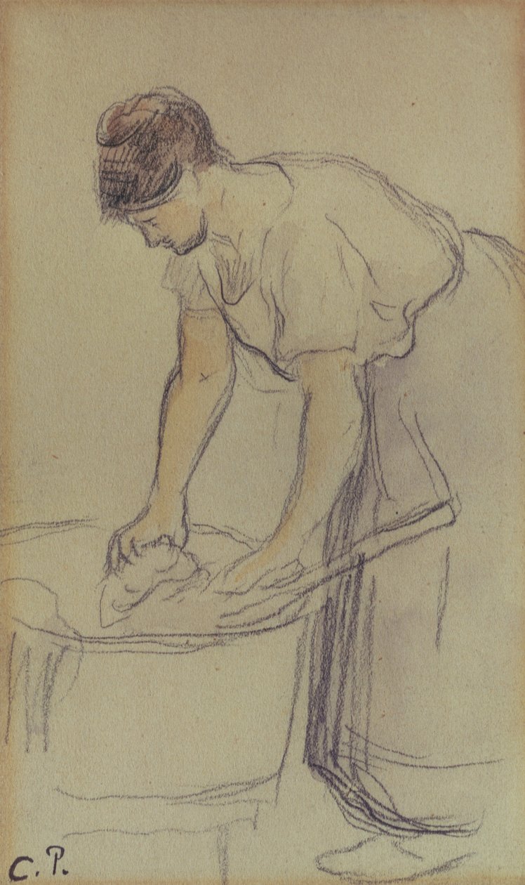 Žena praní prádla (akvarel a tužka na papíře) od Camille Pissarro