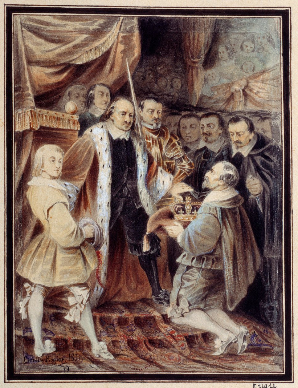 Olivier Cromwell (1599-1658) odmítá korunu Lord protektor Republiky Velké Británie navrhl korunu pokorná petice a Avis (Nový parlament) v roce 1658. Akvarel Camille Rogier (1810-1893) 1835 Paříž, Maison Victor Hugo od Camille Rogier