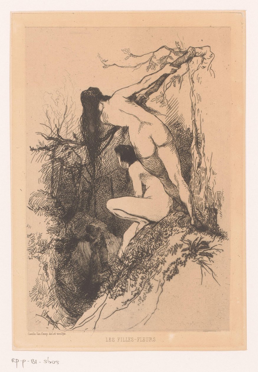 Dvě nahé ženy špehují líbající se pár Les filles-fleurs (název na objektu) od Camille Van Camp