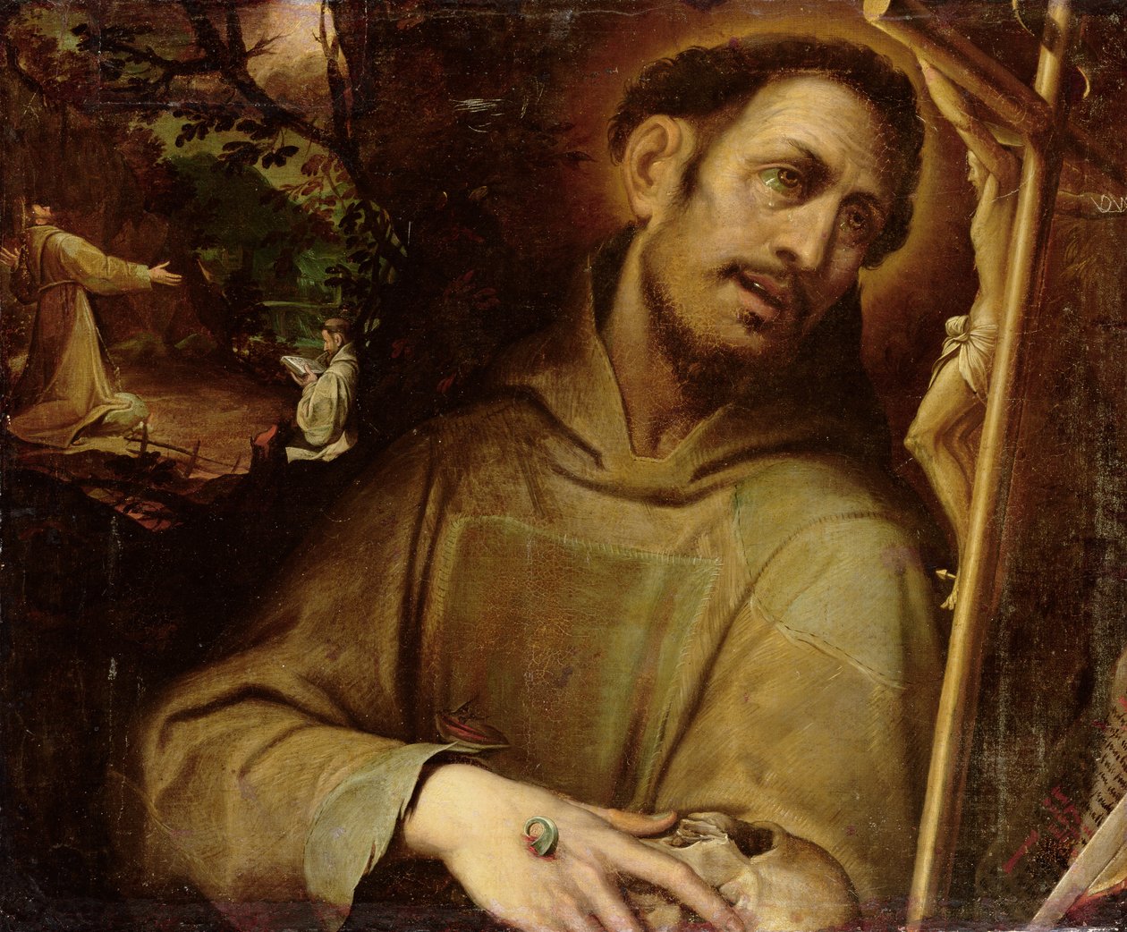Svatý František adorující kříž se stigmatizací svatého Františka za hranicemi (olej na plátně) od Camillo (after) Procaccini
