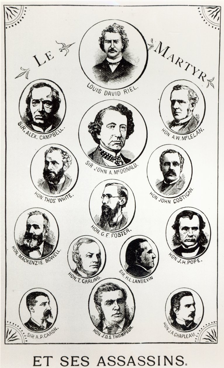 Louis Riel (1844-85) a jeho vrazi, ilustrace z Le Gibet de Regina, vydáno 1886 od Canadian School