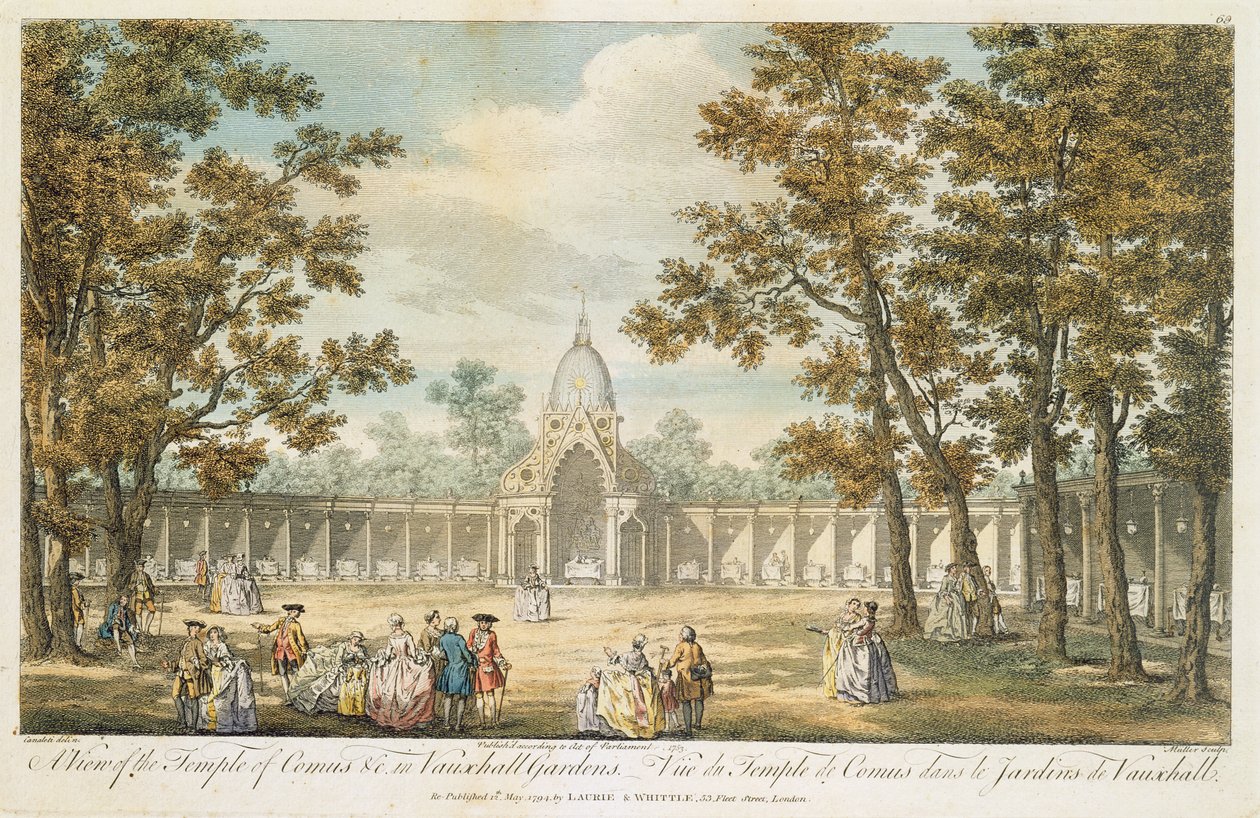 Pohled na Komův chrám ve Vauxhallských zahradách, rytina Mullera, znovu vydáno 1794. od Canaleti