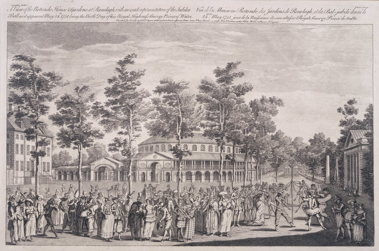 Pohled na rotundu, Ranelagh House, na plese k oslavě narozenin HRH, prince z Walesu, 24. května 1751, vyryto Parrem od Canaleti