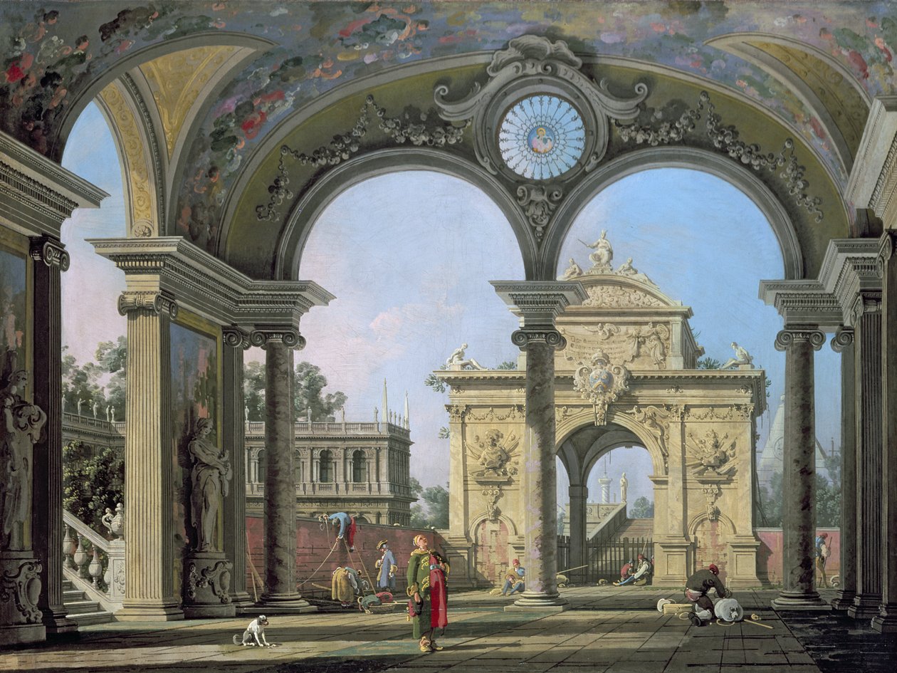 Capriccio z vítězného oblouku viděné přes zdobený oblouk, kolem roku 1750 od Giovanni Antonio Canal