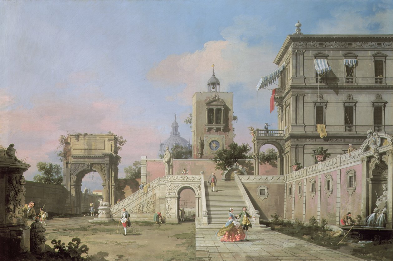 Capriccio z dvojitých schodišť vedoucích k paláci, kolem roku 1750 od Giovanni Antonio Canal