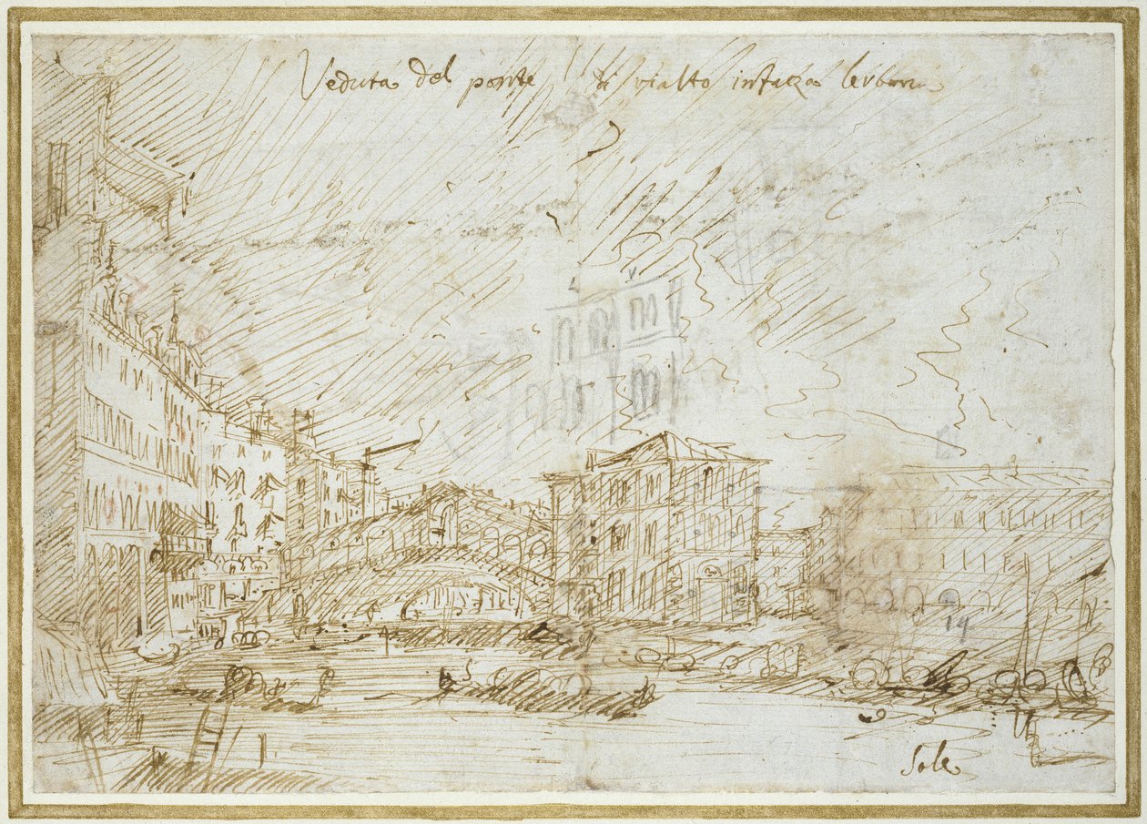 Ponte de Rialto (pero a hnědý inkoust na papíře) od Giovanni Antonio Canal