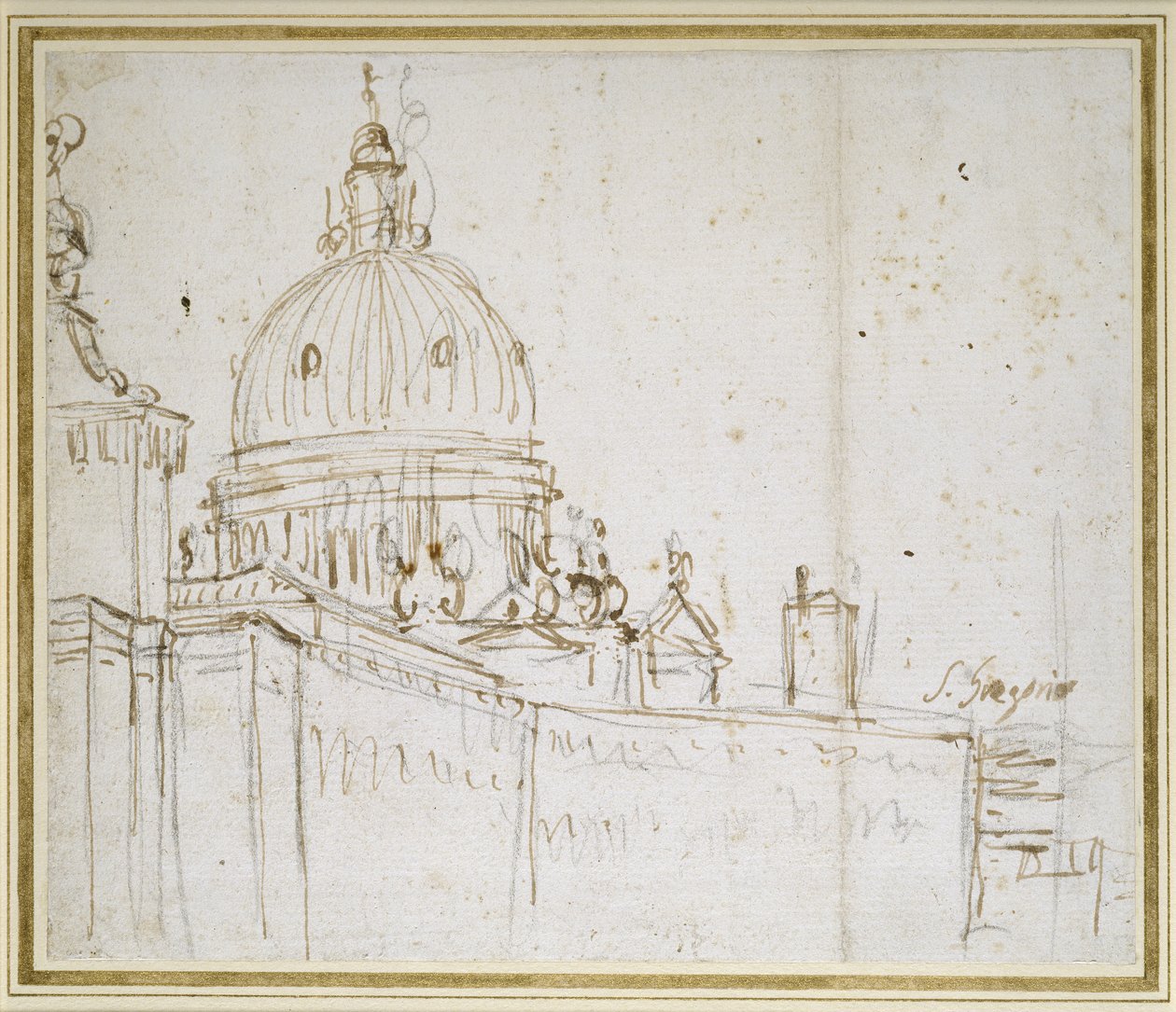 Benátky: Dogana di Mare a S. Maria della Salute (pero a hnědý inkoust na černé křídě) od Giovanni Antonio Canal