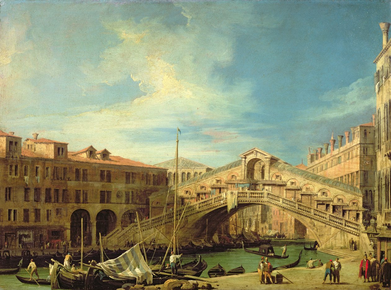 Pohled na Rialto v Benátkách (Pohled na most Rialto z jihu) (olej na mědi) od Giovanni Antonio Canal
