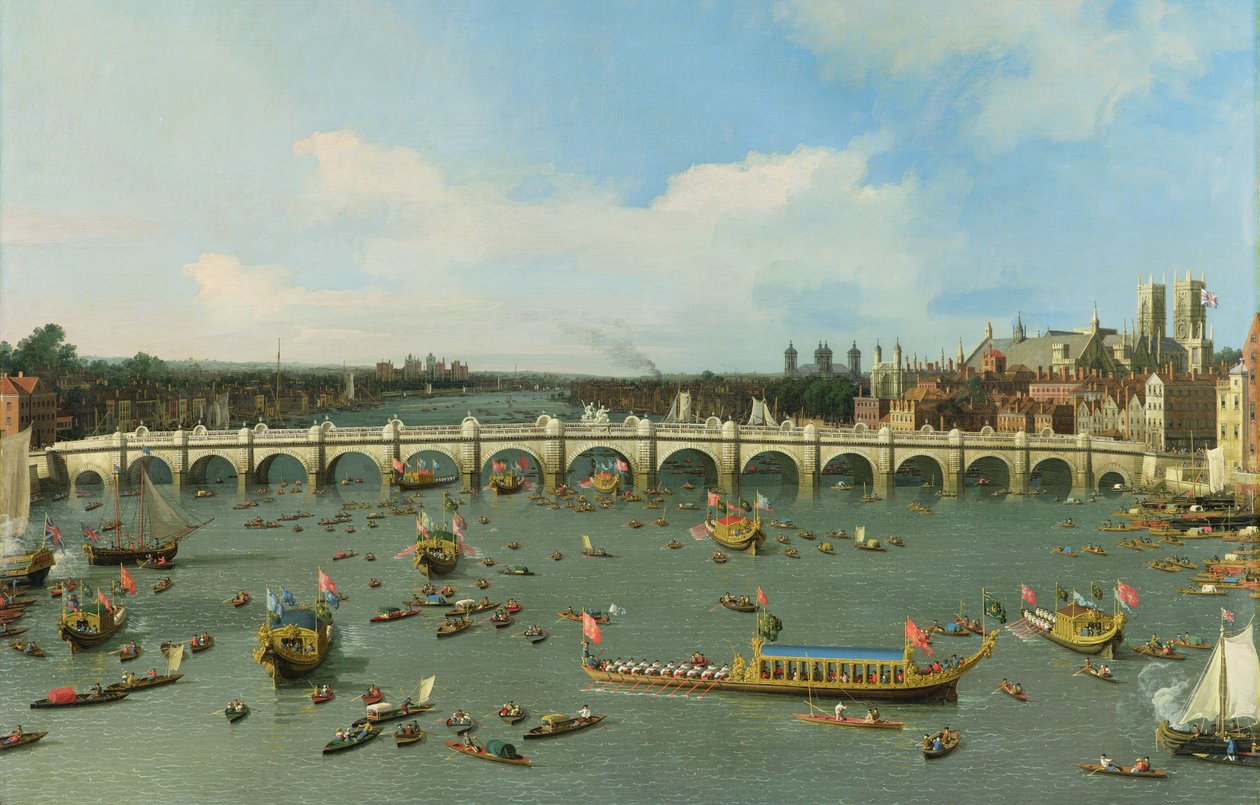 Westminster Bridge, Londýn, s průvodem primátora na Temži (detail 118509) od Giovanni Antonio Canal
