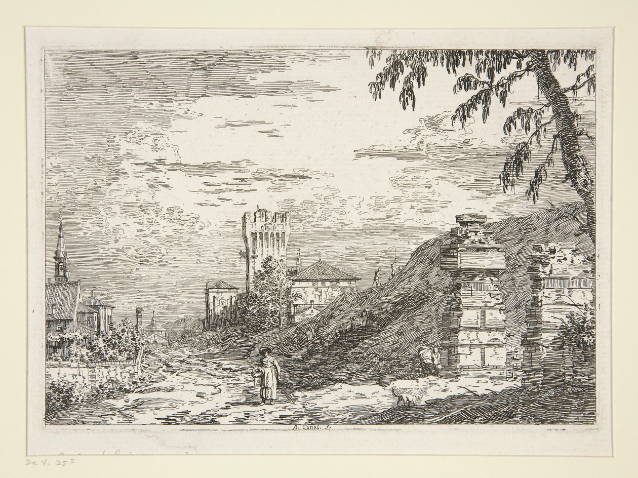 Krajina s věží a dvěma zničenými sloupy, ze série Vedute (Pohledy) od Canaletto (Giovanni Antonio Canal)