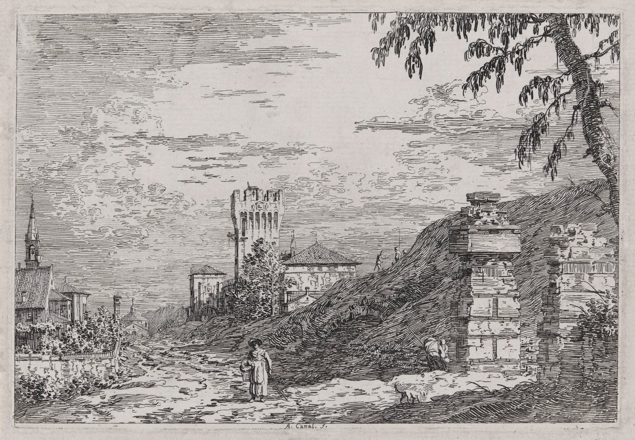 Krajina s věží a dvěma zničenými sloupy, ze série Vedute (Pohledy) od Canaletto (Giovanni Antonio Canal)