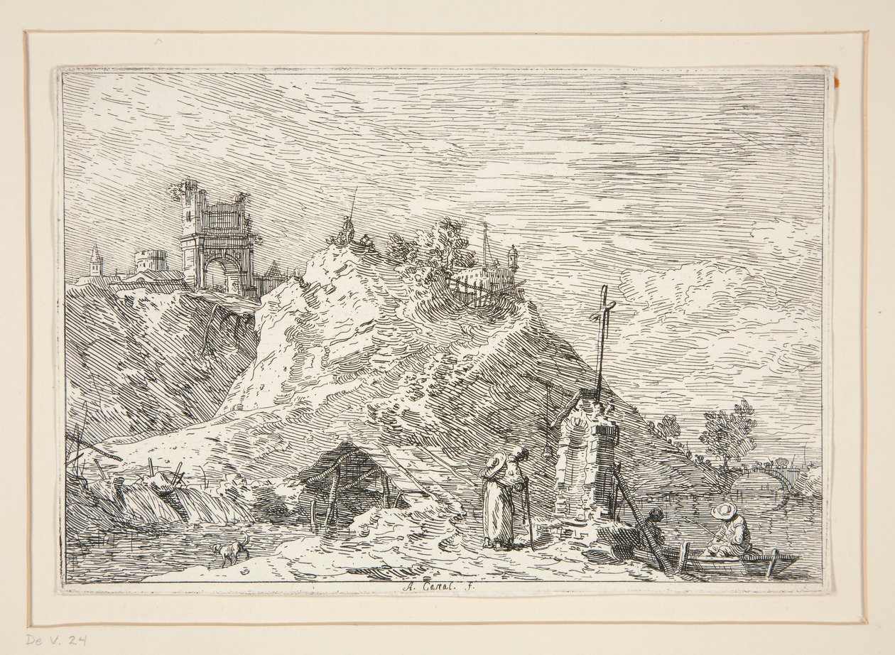 Krajina s poutníkem při modlitbě, ze série Vedute (Pohledy) od Canaletto (Giovanni Antonio Canal)