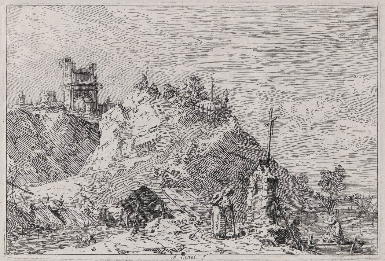 Krajina s poutníkem při modlitbě, ze série Vedute (Pohledy) od Canaletto (Giovanni Antonio Canal)