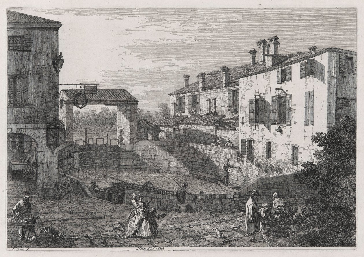 Le Porte Del Dolo (The Locks of Dolo), ze série Vedute (Views) od Canaletto (Giovanni Antonio Canal)