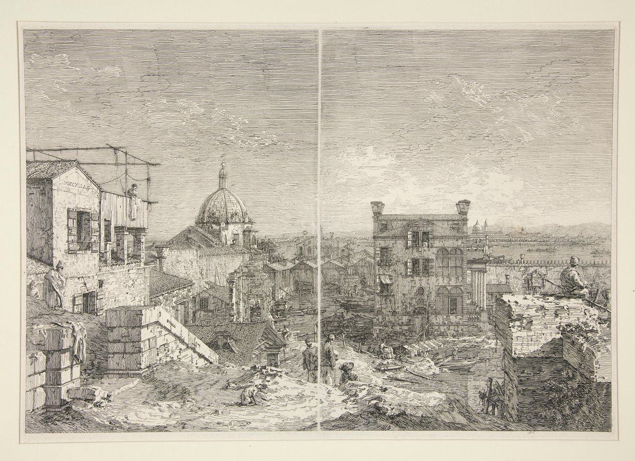 Dům s nápisem: MDCCXLI. AC [a] Dům s peristylem a šesti sloupy, ze série Vedute (Views) od Canaletto (Giovanni Antonio Canal)