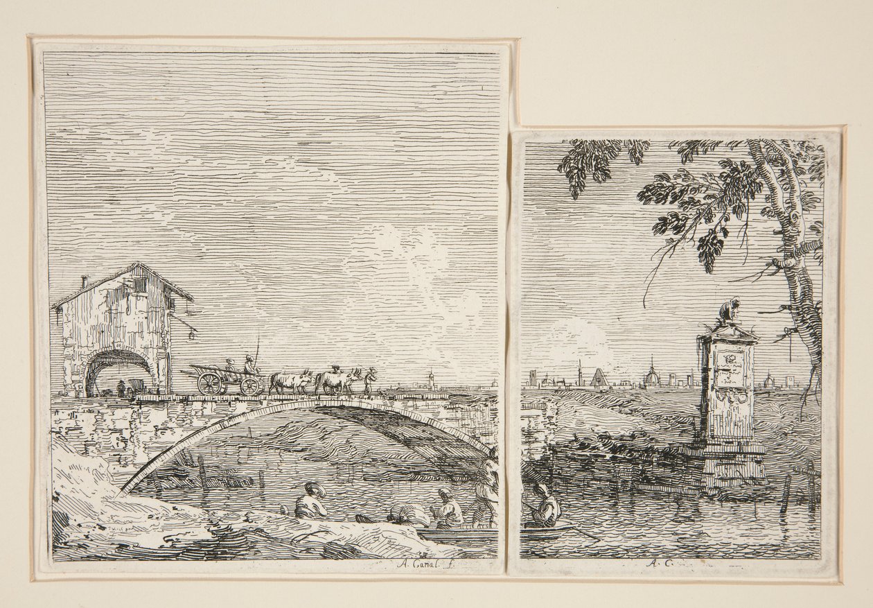 Vůz projíždějící přes most [a] Malý pomník (pod stromem), ze série Vedute (Pohledy) od Canaletto (Giovanni Antonio Canal)