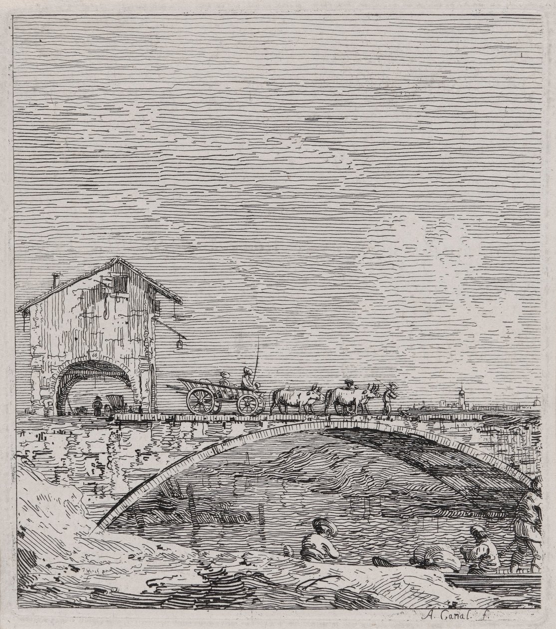 Vůz projíždějící přes most, ze série Vedute (Views) od Canaletto (Giovanni Antonio Canal)