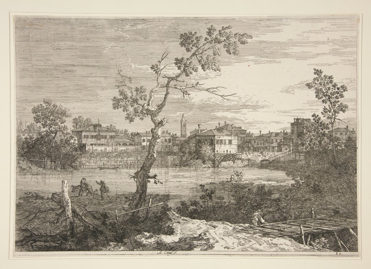 Pohled na město na břehu řeky, ze série Vedute (Views) od Canaletto (Giovanni Antonio Canal)