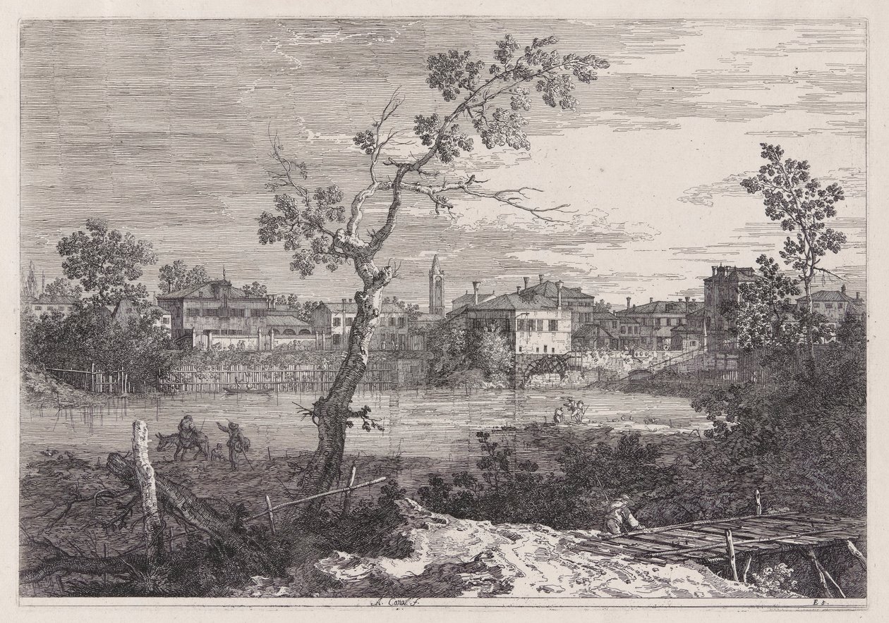 Pohled na město na břehu řeky, ze série Vedute (Views) od Canaletto (Giovanni Antonio Canal)