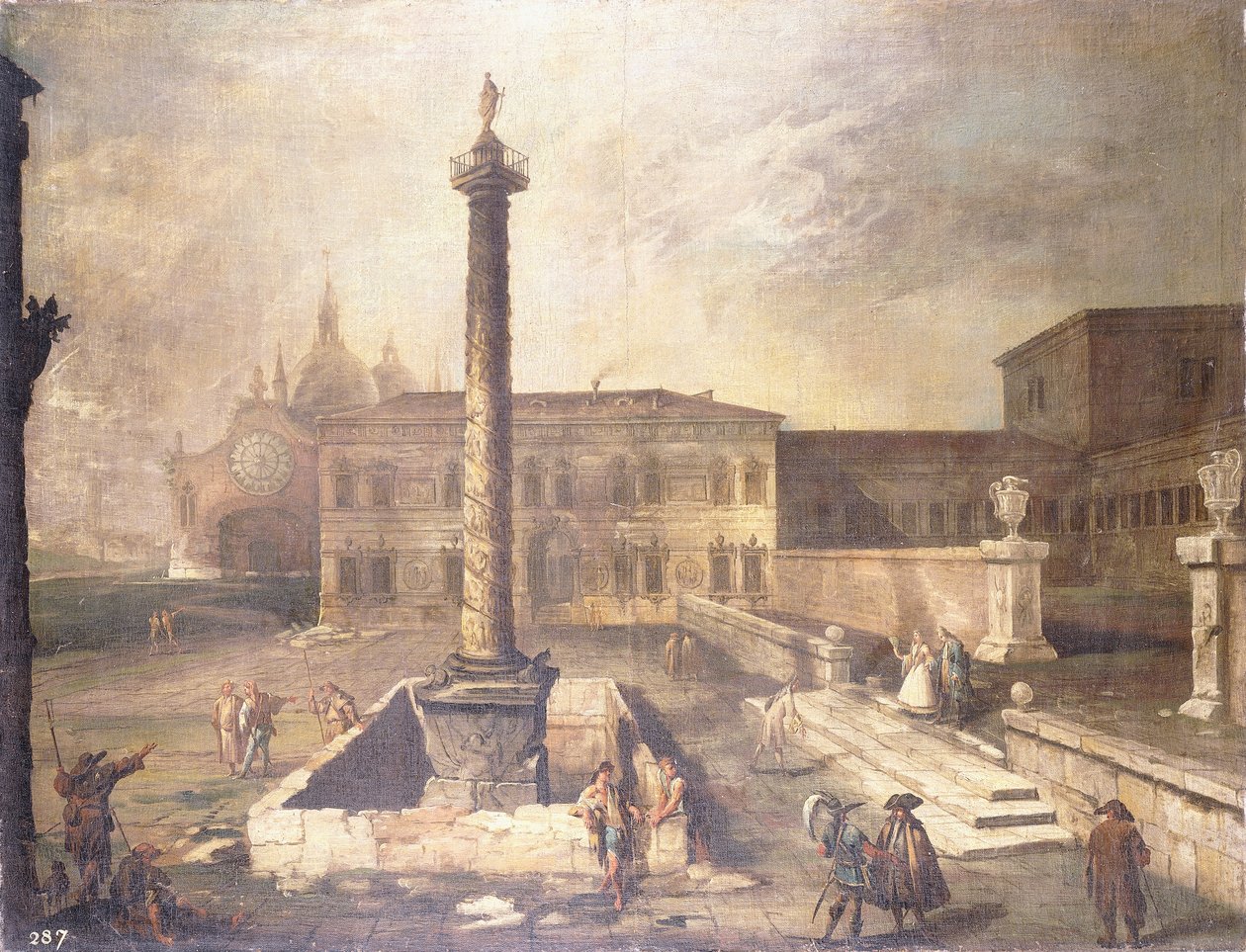 Capriccio z Piazza před palácem se sloupem Marca Aurelia, od Giovanni Antonio Canal