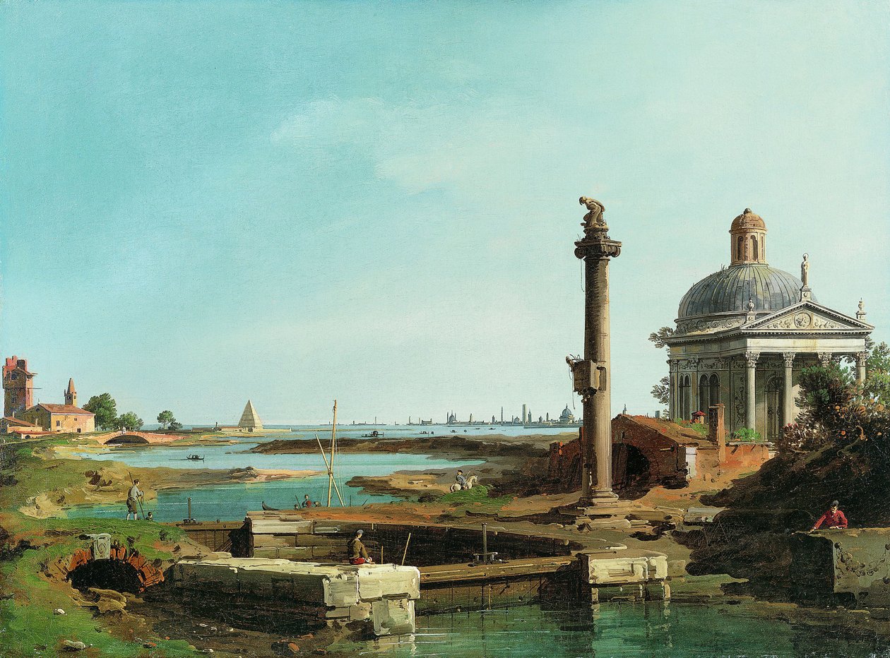 Zámek, sloup a kostel vedle laguny. od Giovanni Antonio Canal