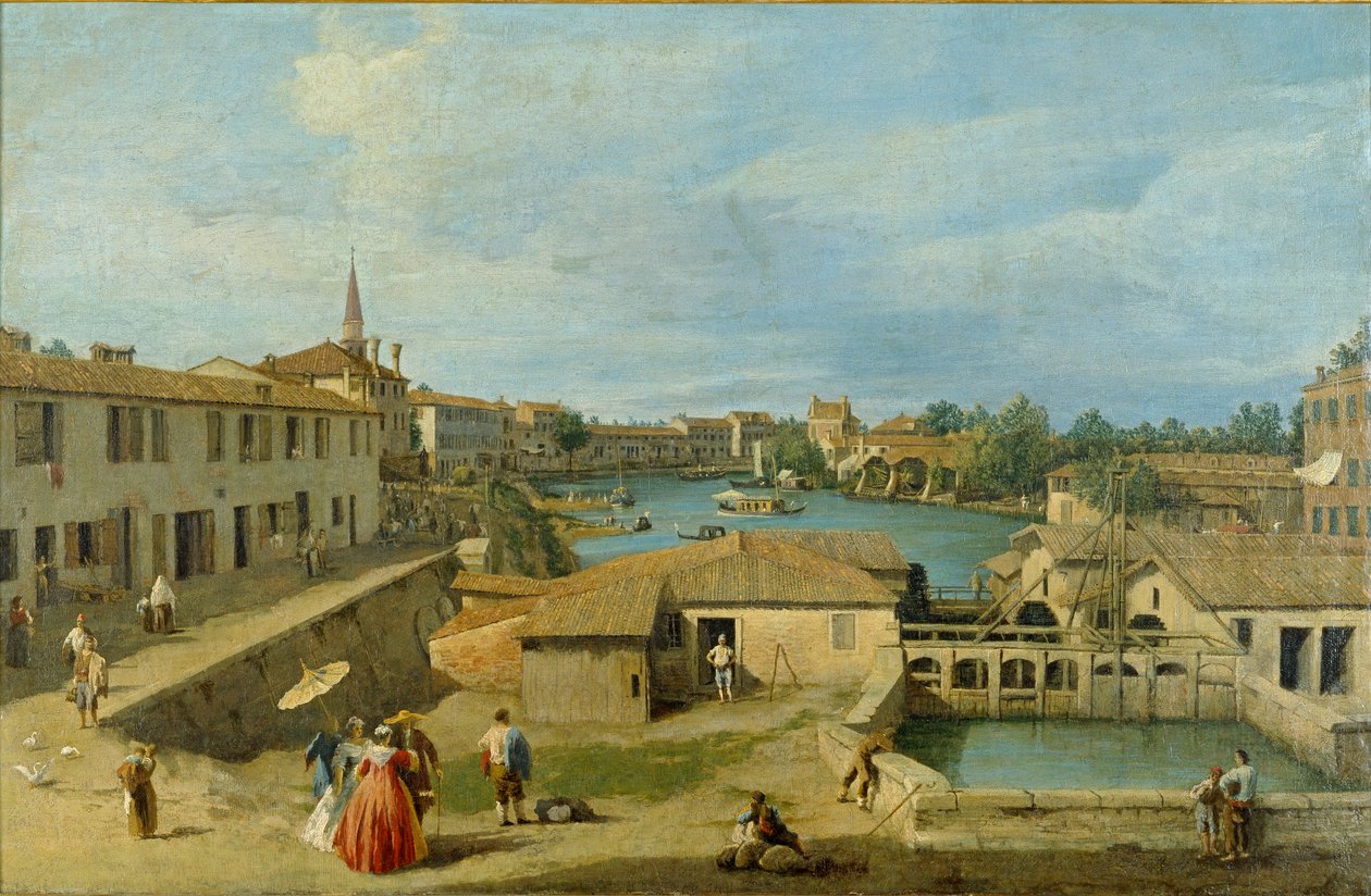 Pohled na Dolo na kanálu Brenta, c1725-1729 od Canaletto