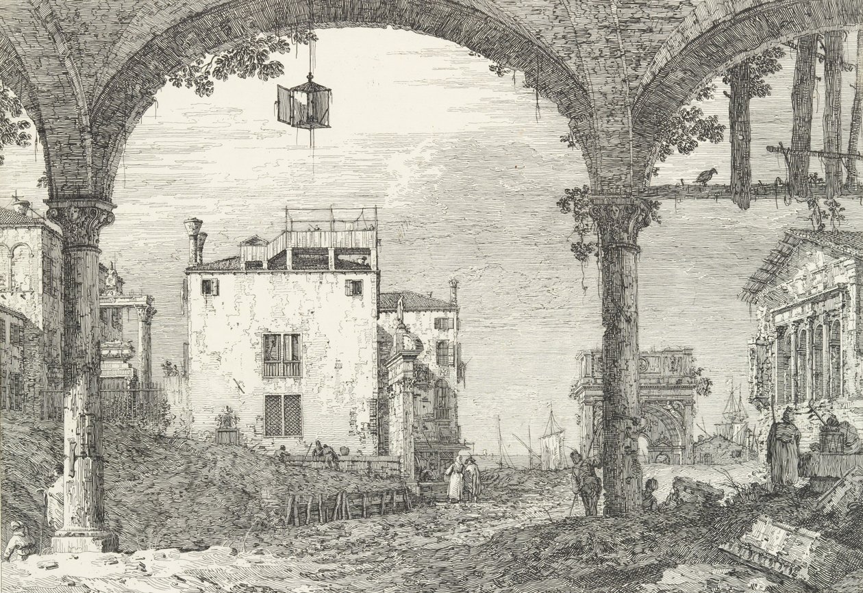 Tříobloukový portikus s otevřenou lucernou zavěšenou uprostřed, vítězným obloukem a rui..., 1735-46. od Canaletto