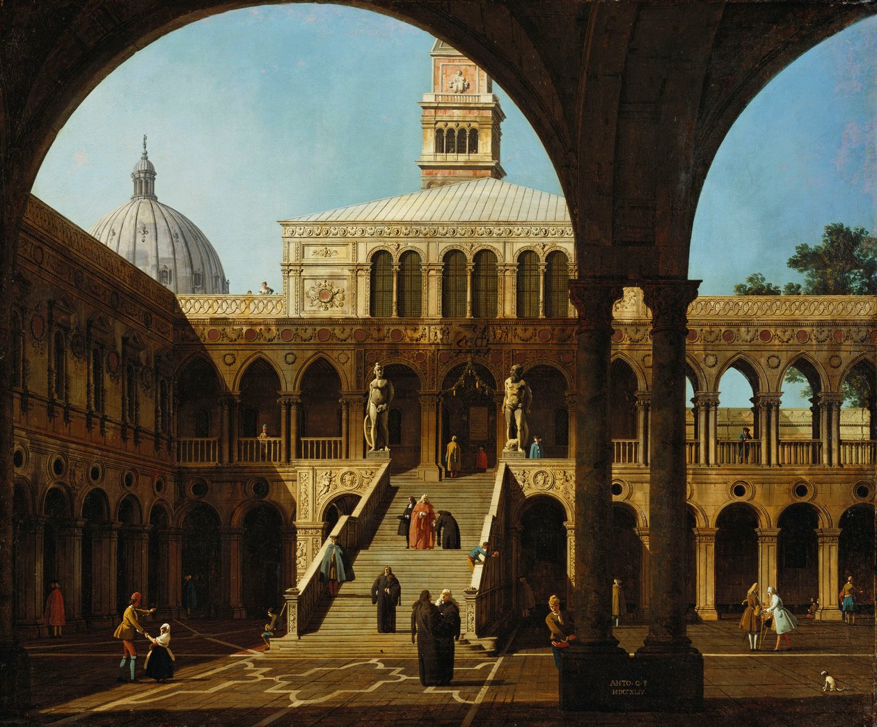 Canaletto - Capriccio Pohled na nádvoří Palazzo Ducale se Scala dei Giganti Signováno a datováno 1744 od Canaletto