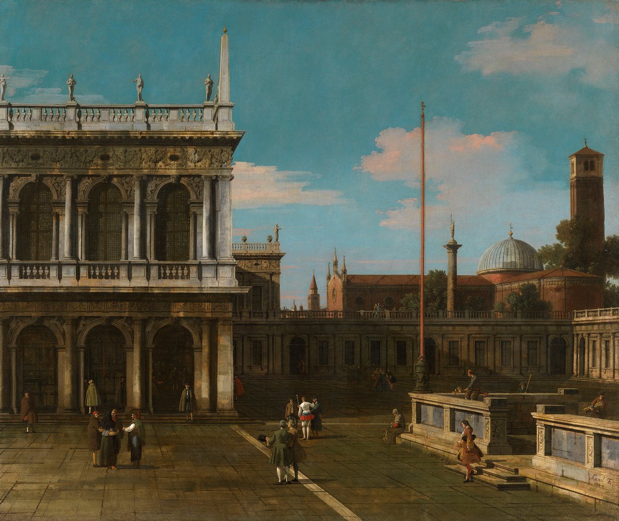 Canaletto - Capriccio Pohled na Piazzettu s knihovnou Signováno a datováno 1744 od Canaletto