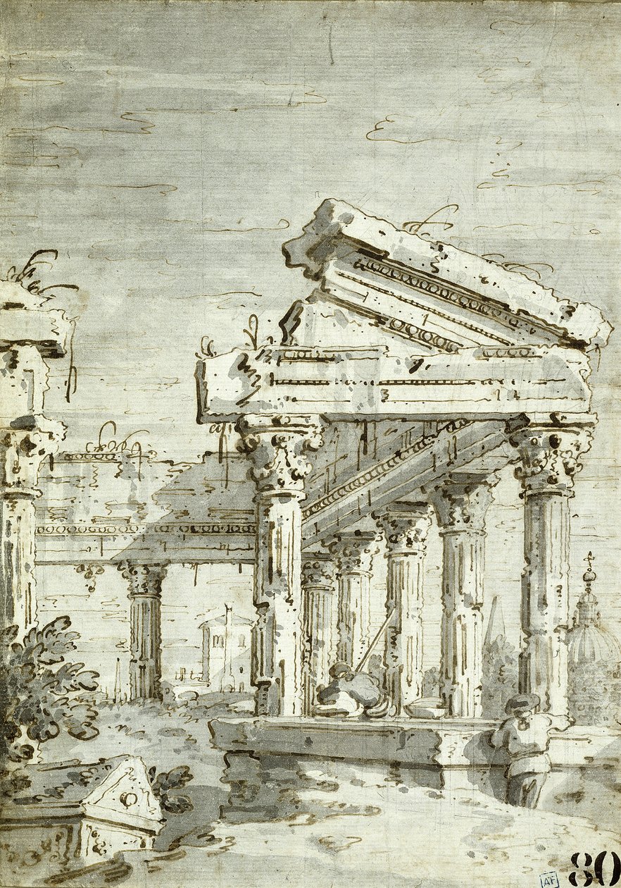 Capriccio: Zničený klasický chrám od Canaletto